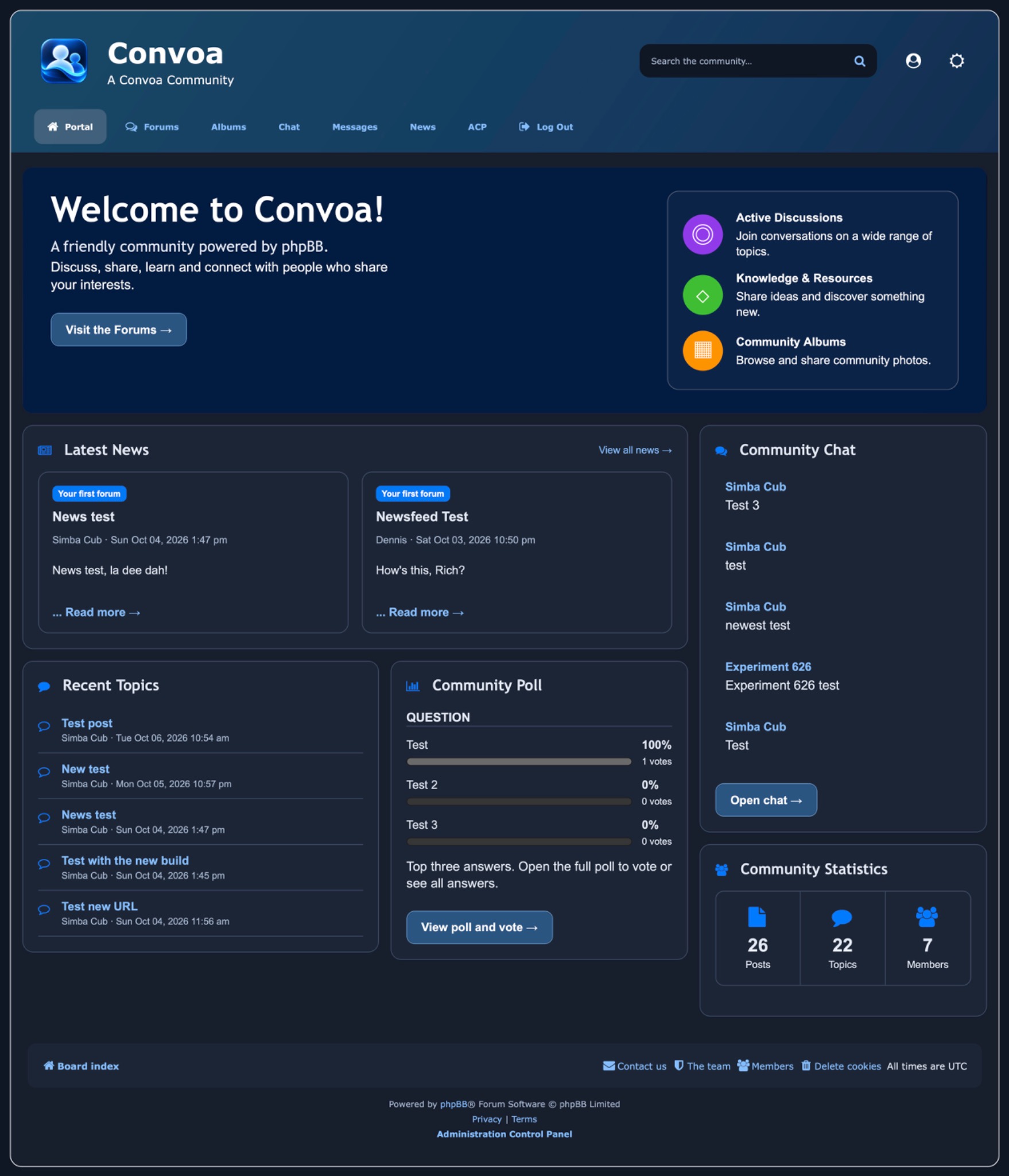 Convoa community portal in dark mode showing news, chat, recent topics, a poll and community statistics