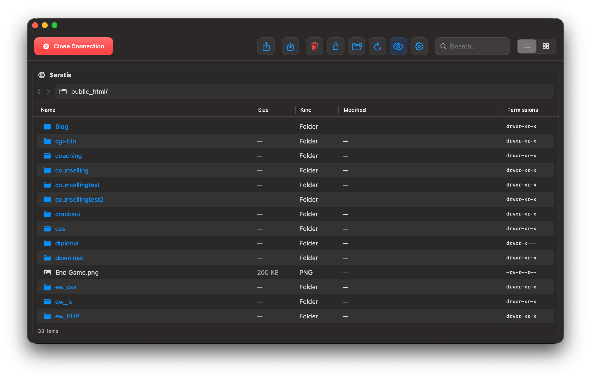 Horizon FTP client in dark mode using list view
