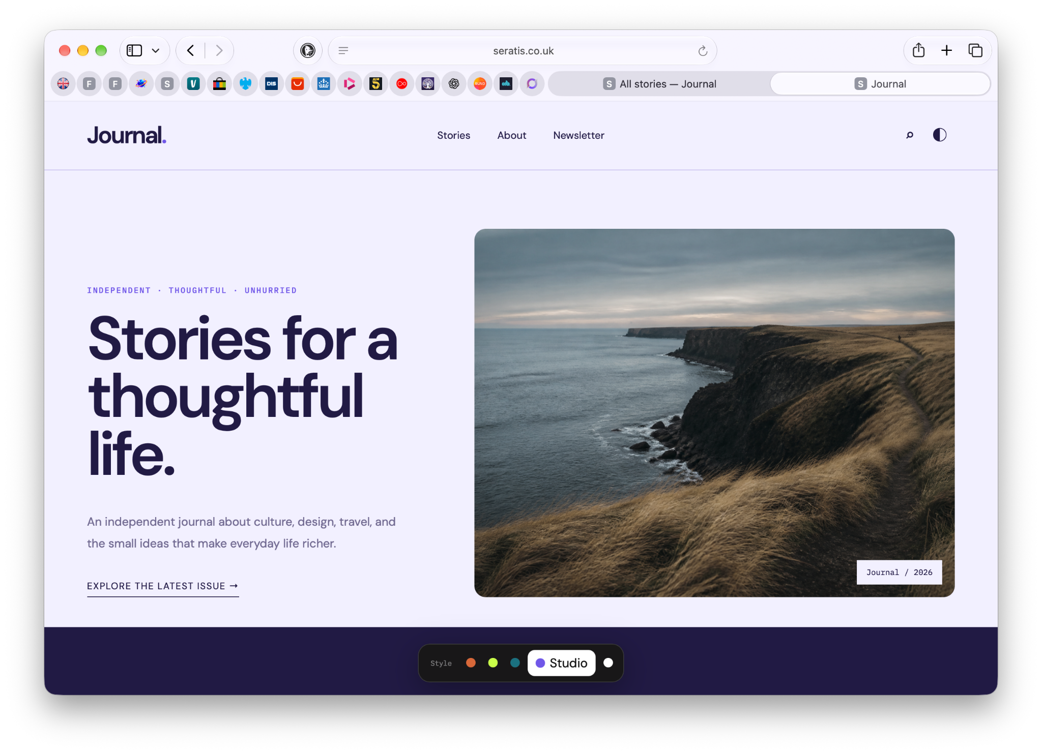 Journal homepage featuring a coastal landscape and the headline Stories for a thoughtful life