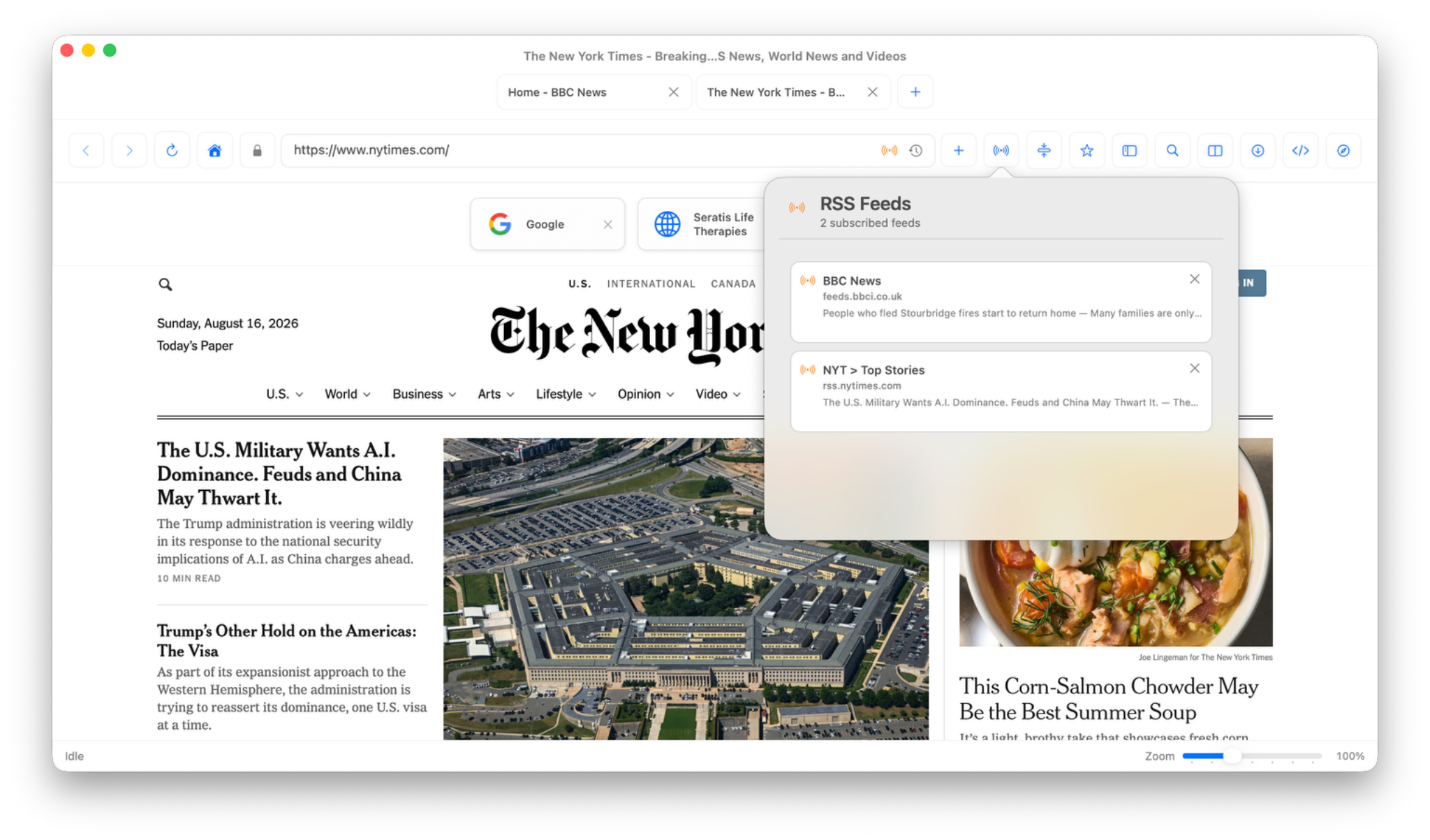 Pulse browser showing an RSS feeds panel