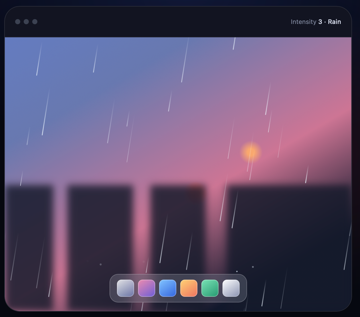 Raindrops app preview showing a tropical rain effect over a softly blurred desktop